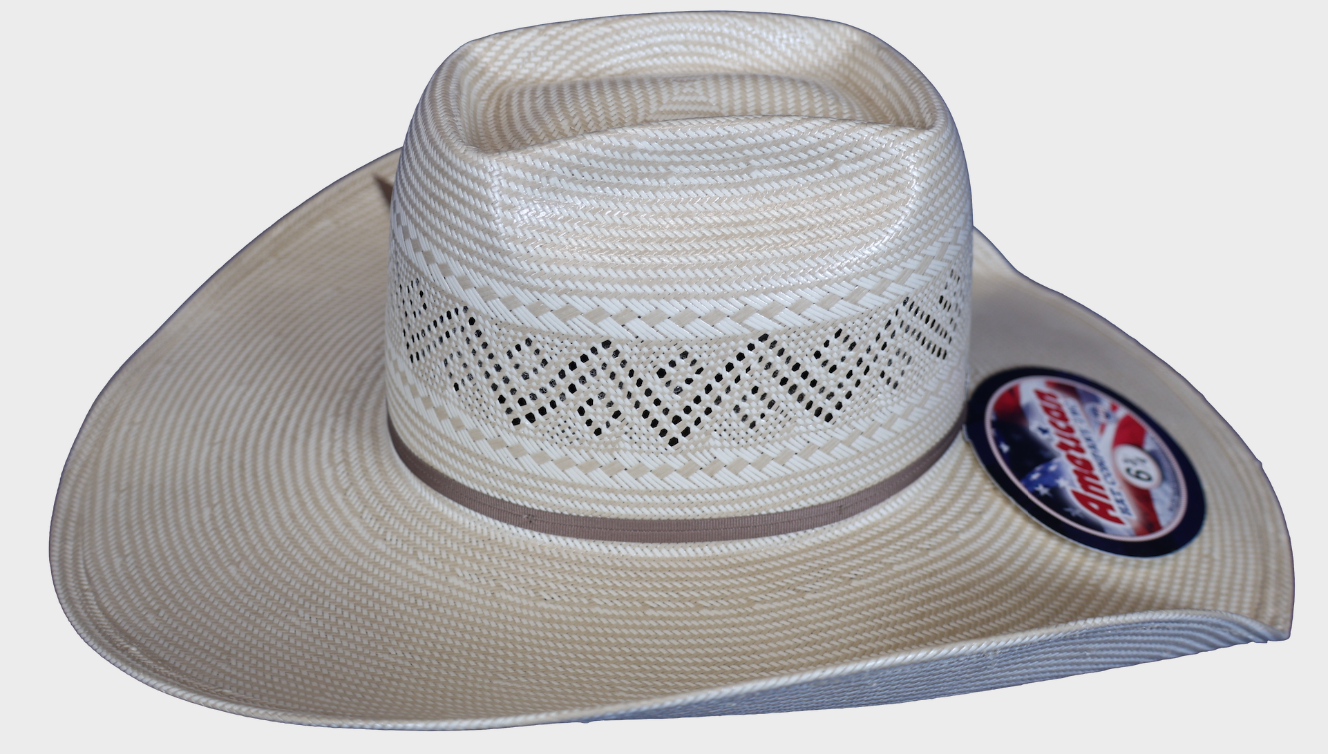 American Hat Company straw hat side view with Up North crown. 