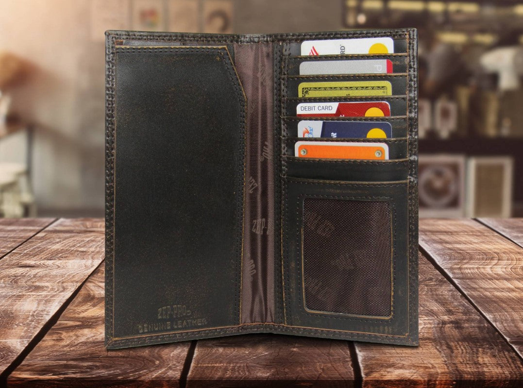 Zep Pro Mississippi State University Bulldogs Burnished Antique Brown Leather Tall Wallet Inside view showing:
dark brown leather
6 interior credit card slots
1 ID window
2 bill/cash compartments