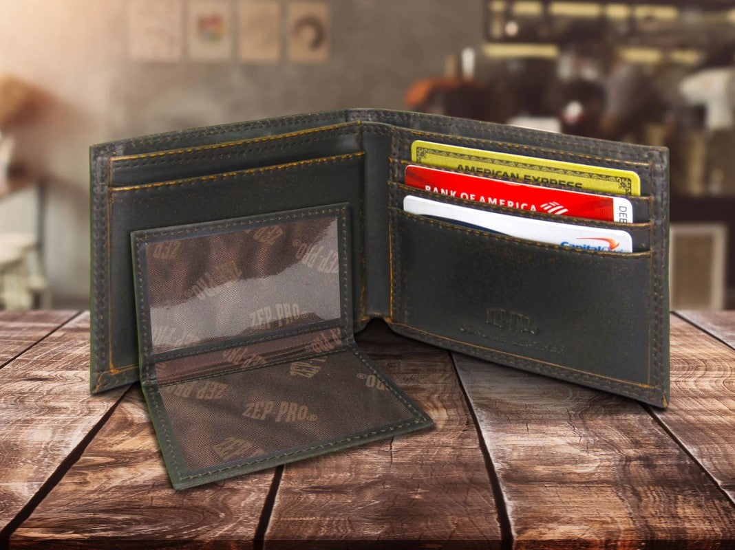Zep Pro University of Mississippi Ole Miss Burnished Antique Brown Leather Bi-fold Wallet inside view showing:
3 interior credit card slots
2 interior pockets
1 pullout ID case
2 bill/cash compartments