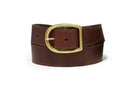 A ladies' cognac brown leather belt with a brass-plated buckle. Front View