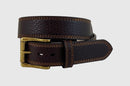 A brown pebbled leather belt with a antique nickel finish metal buckle.