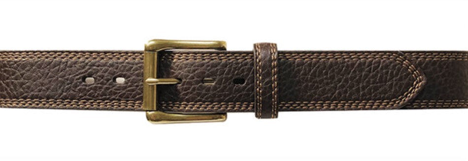 A flat view of a brown pebbled leather belt with a antique nickel finish metal buckle.