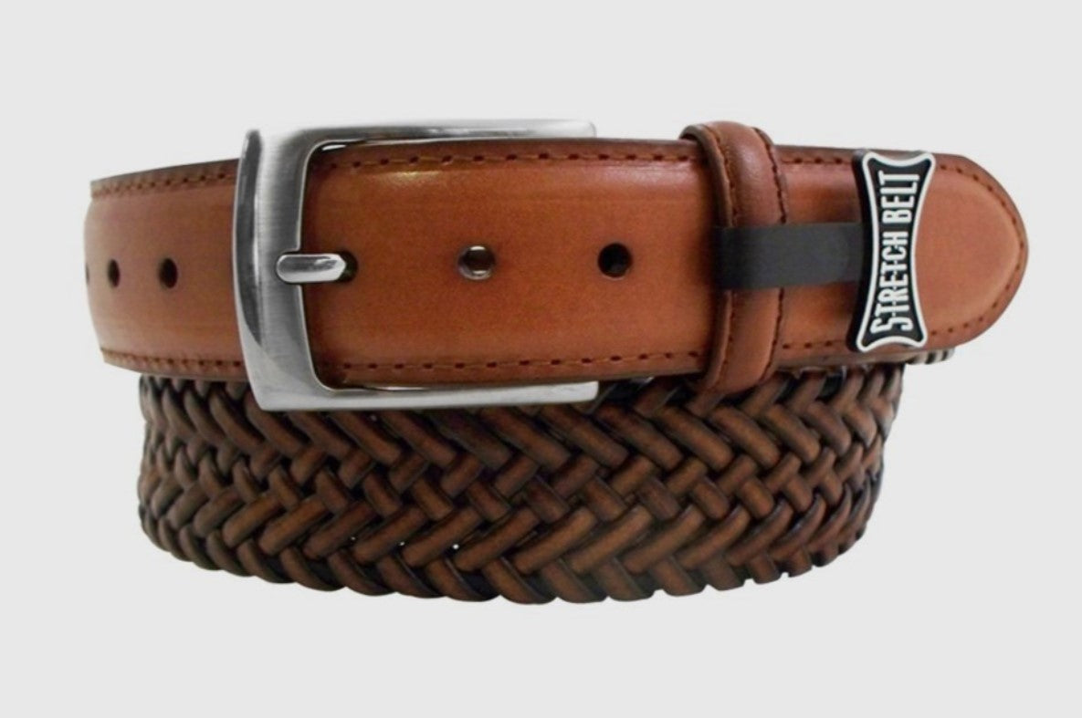 Men's Danbury Tan Golf Genuine Leather Braided Stretch Belt