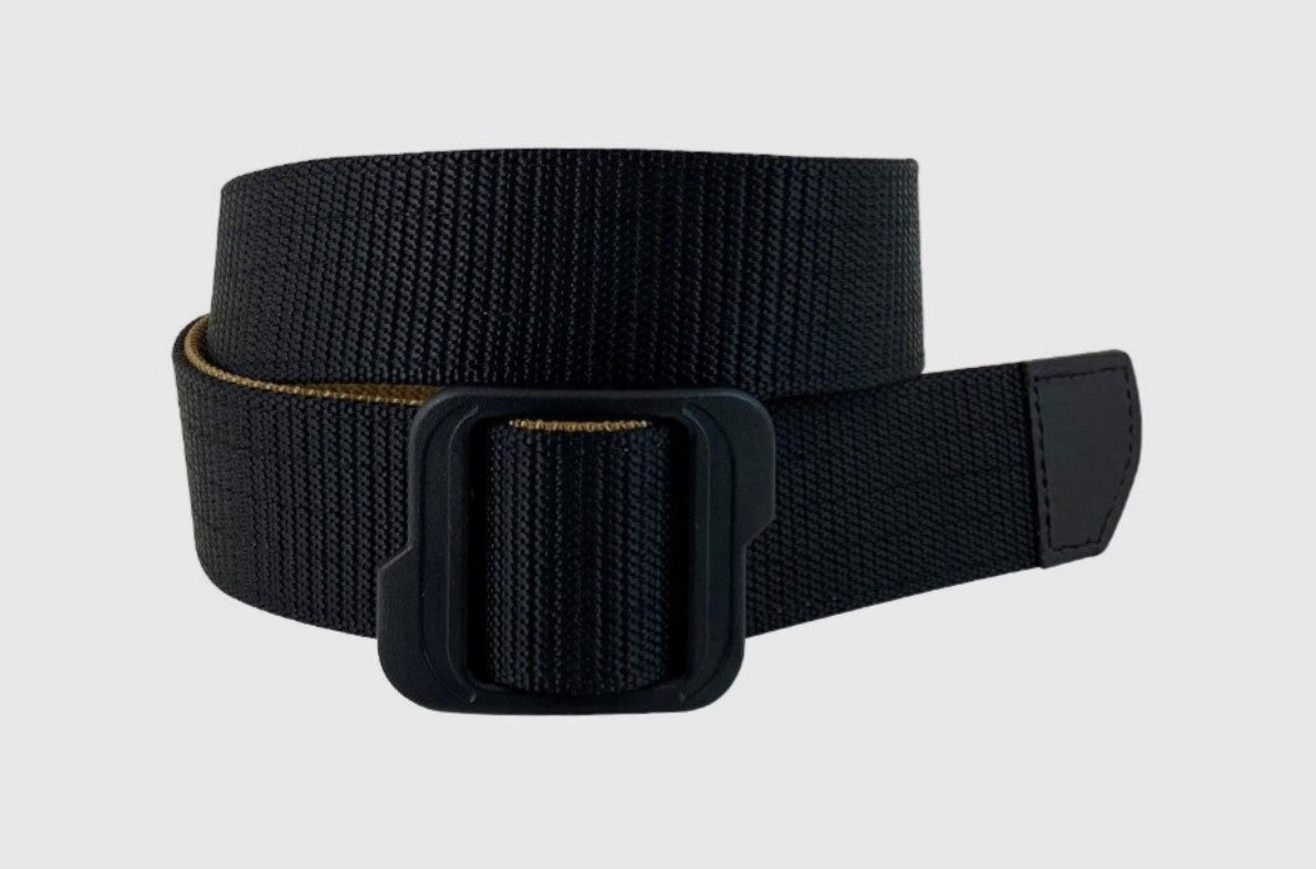 A reversible tactical web belt with a black and khaki color, featuring a plastic buckle and a leather patch with the Berne logo.
