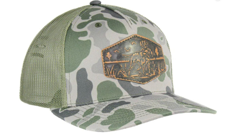 Zep-Pro Old School Loden Camo Leather Lab Patch Richardson 112 Cap Brown hand burnished leather design on Richardson 112 Snapback Trucker Hat Mid Profile / Pre-curved Visor. Front view