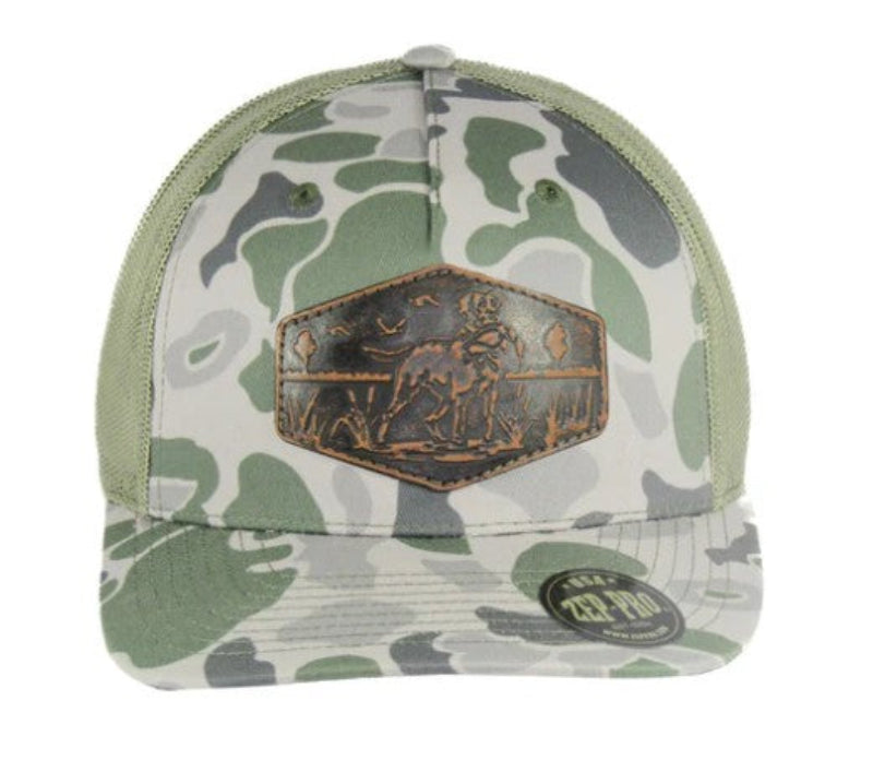 Zep-Pro Old School Loden Camo Brown Leather Lab Patch Richardson 112 Cap Woven/Knitted Construction
Adjustable Snapback. Front View