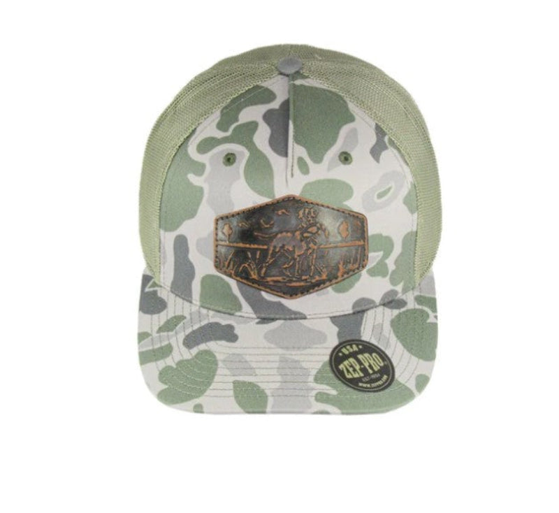 Zep Pro Old School Loden Camo Leather Lab Patch Richardson 112 Cap
Woven/Knitted mesh Construction. Top front view