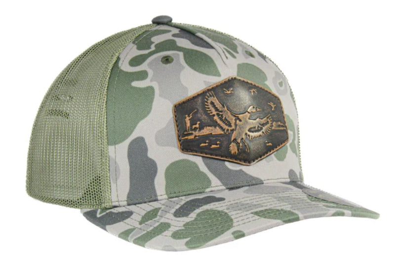 Zep-Pro Old School Loden Camo Leather Mallard Patch Richardson 112 Cap Brown hand burnished leather design Mid Profile / Pre-curved Visor. Angled Front view