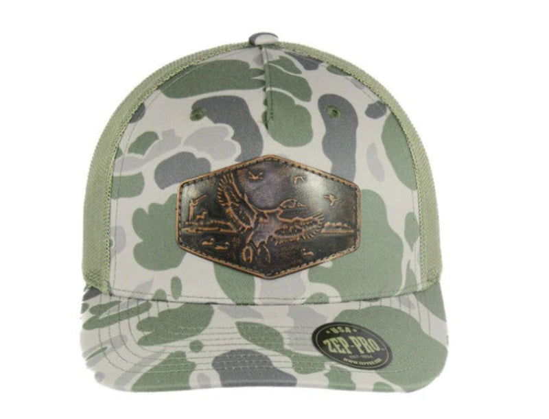 Zep-Pro Old School Loden Camo Leather Mallard Patch Richardson 112 Cap Adjustable Snapback. Front view.