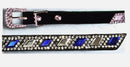 Black leather hat band with Blue and Clear diamond shaped crystals. It features a buckle closure. 