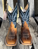 A pair of men's Anderson Bean 11 inch shaft distressed bison cowboy boots with blue kidskin tops and square toes. Front view