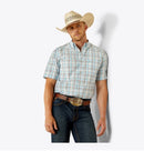 Men's Ariat short sleeve shirt in Light Turquoise plaid. Front View