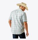 Men's Ariat short sleeve shirt in Light Turquoise plaid. Rear View