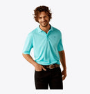 Men's Ariat short sleeve polo shirt in Blue Radiance, which is a Turquoise color. Front view showing shirt tucked in.