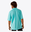 Men's Ariat short sleeve polo shirt in Blue Radiance, which is a Turquoise color.  Rear view showing shirt untucked. 
