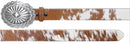 A flat view of a brown and white cowhide leather belt with a silver-colored oval buckle.