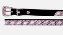 Black leather hat band with clear diamond shaped crystals and a crystal studded buckle. 