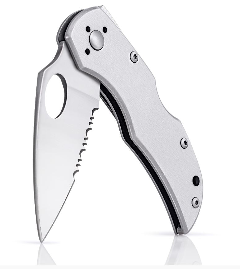 This stainless steel Lockback knife from Slitzer has a clip and a magnetic presentation box. Shown open