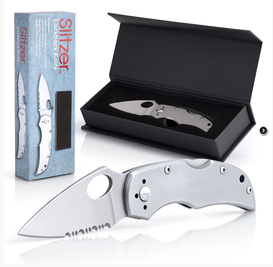 This stainless steel Lockback knife from Slitzer has a clip and a magnetic presentation box. 