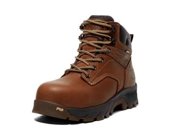 Women's Timberland Brown 6 inch Titan® EV Comp Toe WP Lace-up Boot. Angled front view.