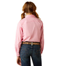 Girls Ariat long sleeve shirt in Prism Pink. This shirt has a bold Ariat logo on left sleeve. Back view showing shirt tucked in and Ariat logo on straight yoke. 