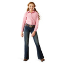 Girls Ariat long sleeve shirt in Prism Pink. This shirt has a bold Ariat logo on left sleeve. Full front view showing shirt tucked in. 