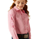Girls Ariat long sleeve shirt in Prism Pink. This shirt has a bold Ariat logo on left sleeve. Close up view of sleeve showing Ariat logo. 