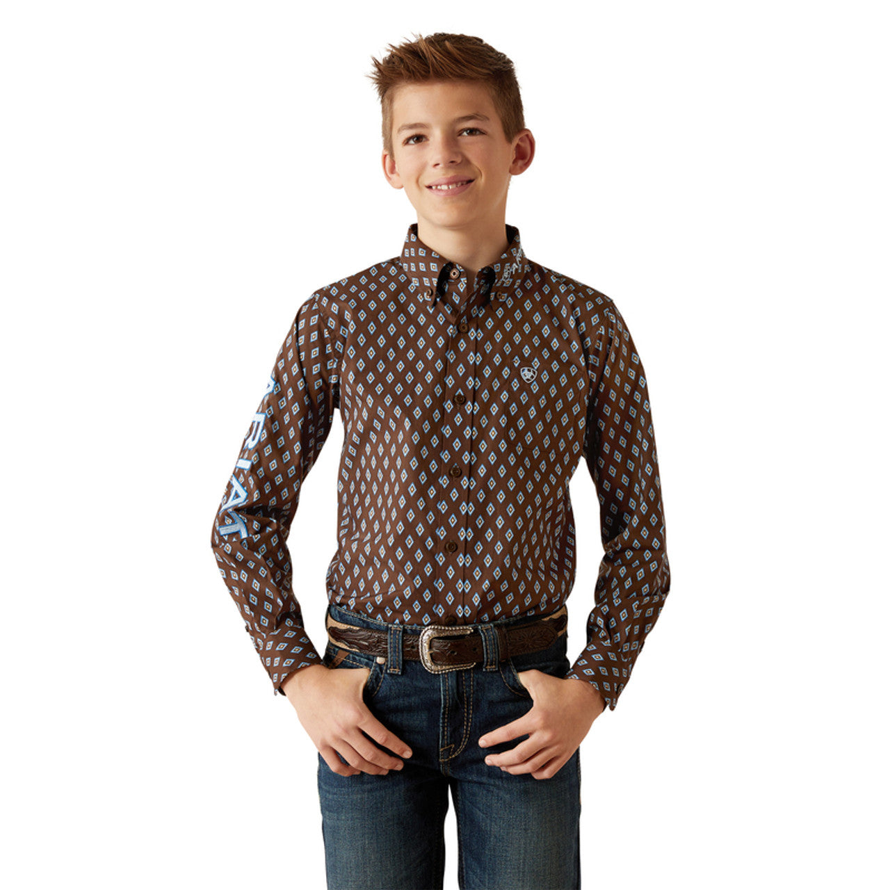 Boy's Ariat long sleeve team logo shirt in brown with a blue diamond pattern. Front View