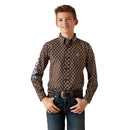 Boy's Ariat long sleeve team logo shirt in brown with a blue diamond pattern. Front View