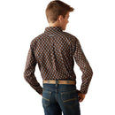 Boy's Ariat long sleeve team logo shirt in brown with a blue diamond pattern. Rear view showing shirt tucked in and Ariat logo on straight yoke. 