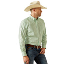 Men's Ariat long sleeve Team shirt in Light Green/White with a geometric print. Front view showing shirt tucked in.