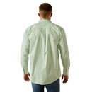 Men's Ariat long sleeve Team shirt in Light Green/White with a geometric print. Rear view showing shirt untucked.