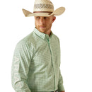 Men's Ariat long sleeve Team shirt in Light Green/White with a geometric print.  Close up view of bold Ariat Team logo on right sleeve.