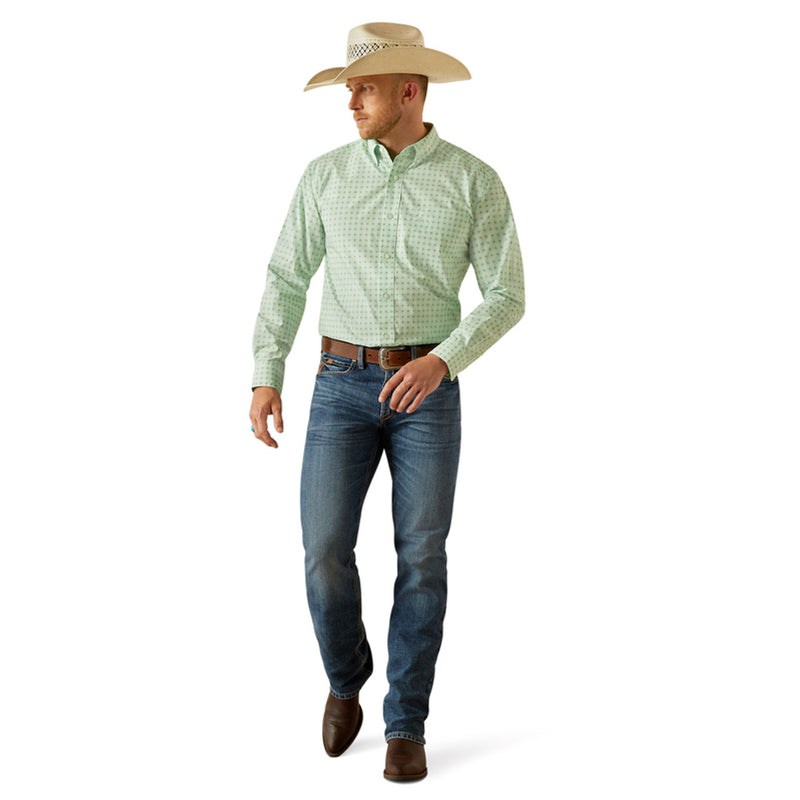 Men's Ariat long sleeve Team shirt in Light Green/White with a geometric print.  Full front view showing shirt tucked in. 