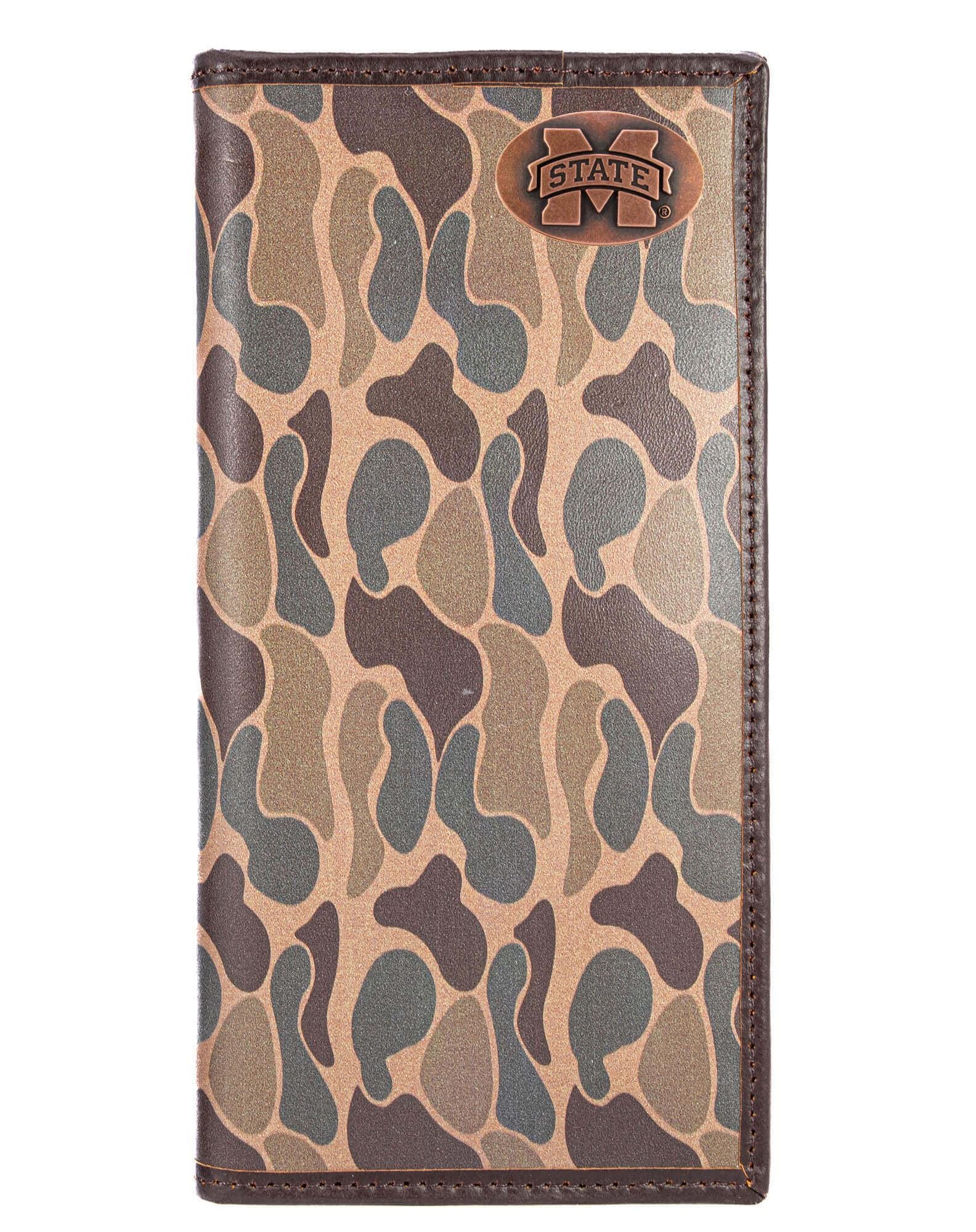Old school camouflage-patterned tall leather wallet with a bronze color MSU logo metal concho. Front view.