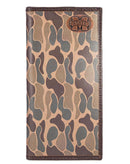Old school camouflage-patterned tall leather wallet with a bronze color MSU logo metal concho. Front view.