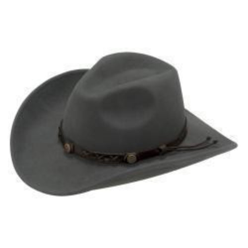 A graphite gray crushable wool Twister hat with a decorative hatband.