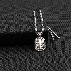 A men's necklace with a 22-inch stainless steel chain and an antique silver tone floral background cross pendant. Front view.