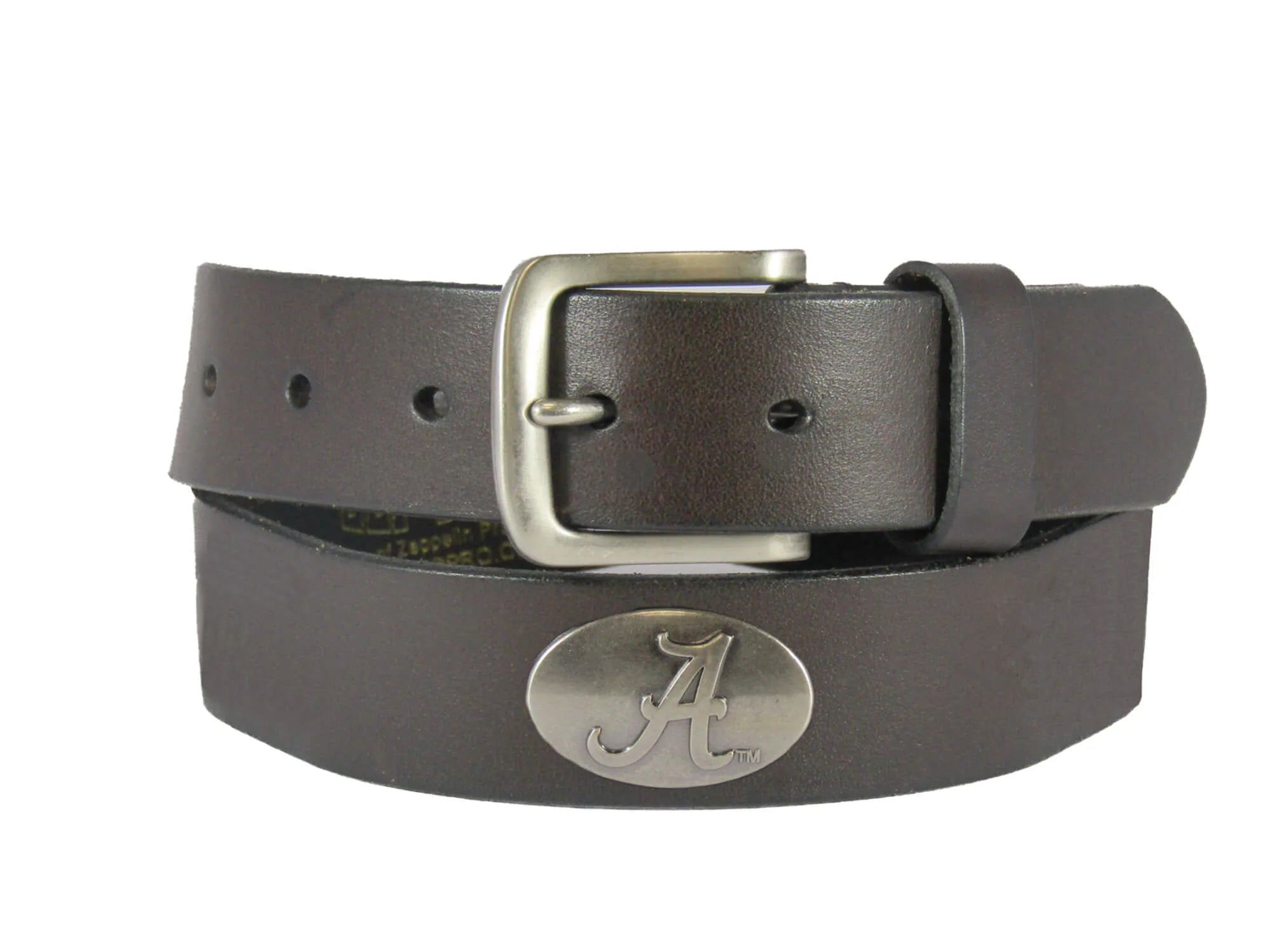A Zep-Pro brown leather belt rolled up to show a silver metal buckle and an oval Alabama logo "A" silver tone concho. 