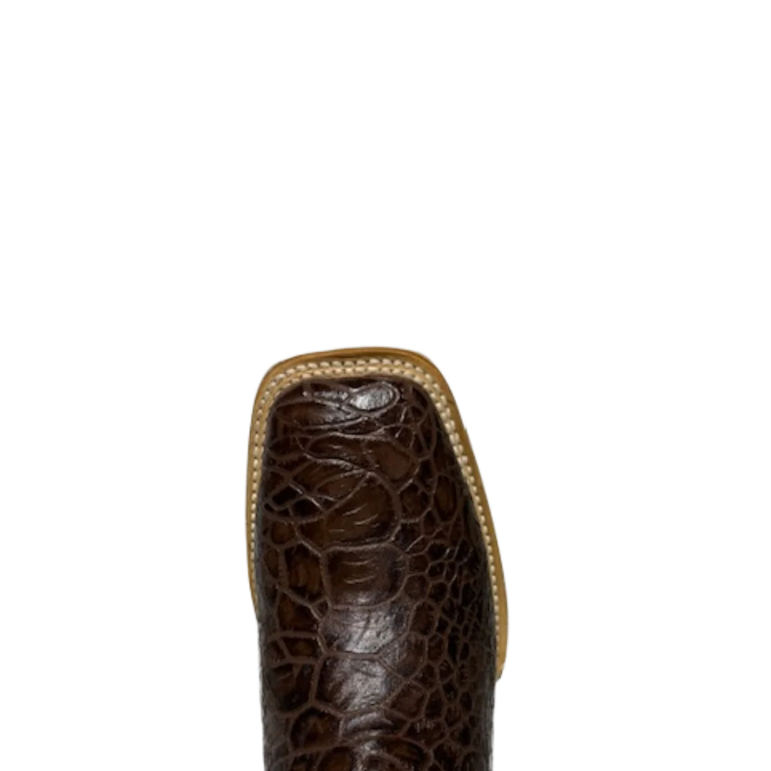 Brown Sea Turtle print leather square toe cowboy boots with a 12 inch blue shaft. Close Up of Toe