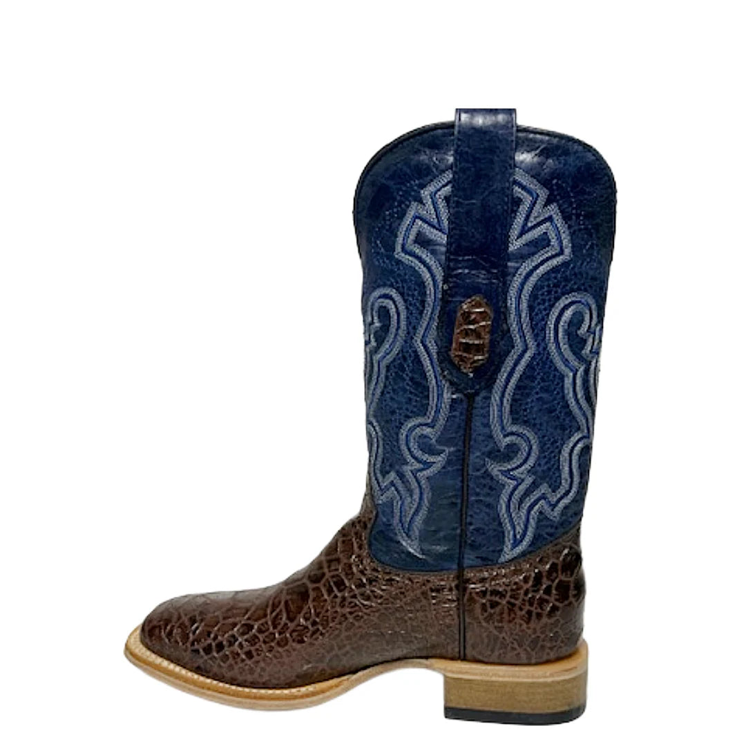 Brown Sea Turtle print leather square toe cowboy boots with a 12 inch blue shaft. Inside view showing pull tab overlay details. 