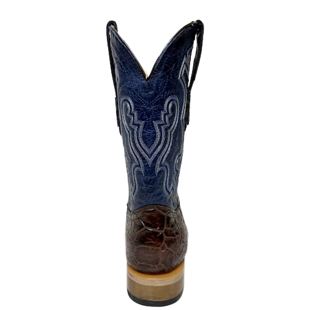 Brown Sea Turtle print leather square toe cowboy boots with a 12 inch blue shaft. Rear View 