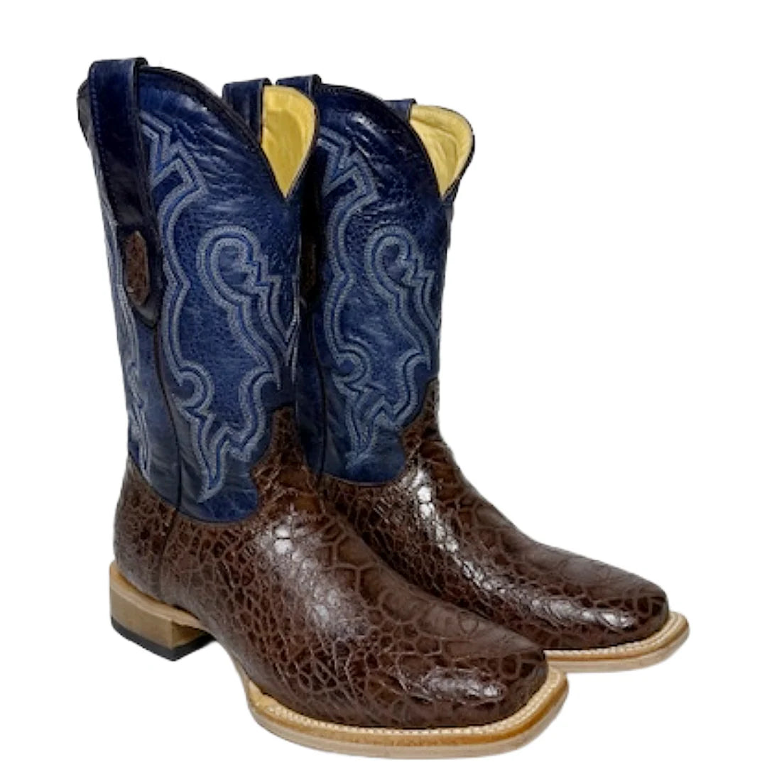Brown Sea Turtle print leather square toe cowboy boots with a 12 inch blue shaft. Profile View