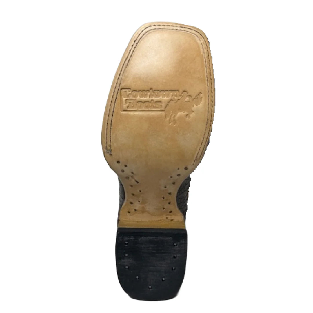 Brown Sea Turtle print leather square toe cowboy boots with a 12 inch blue shaft. Bottom View 