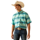 Men's Ariat short sleeve VentTek shirt in Bleached Aqua. This shirt has a geometric pattern. Front view showing shirt tucked in and zippered chest pockets. 