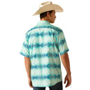 Men's Ariat short sleeve VentTek shirt in Bleached Aqua. This shirt has a geometric pattern. Rear view showing shirt untucked. 
