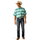 Men's Ariat short sleeve VentTek shirt in Bleached Aqua. This shirt has a geometric pattern. Full front view showing shirt tucked in. 