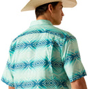 Men's Ariat short sleeve VentTek shirt in Bleached Aqua. This shirt has a geometric pattern. Rear view showing back mesh yoke. 