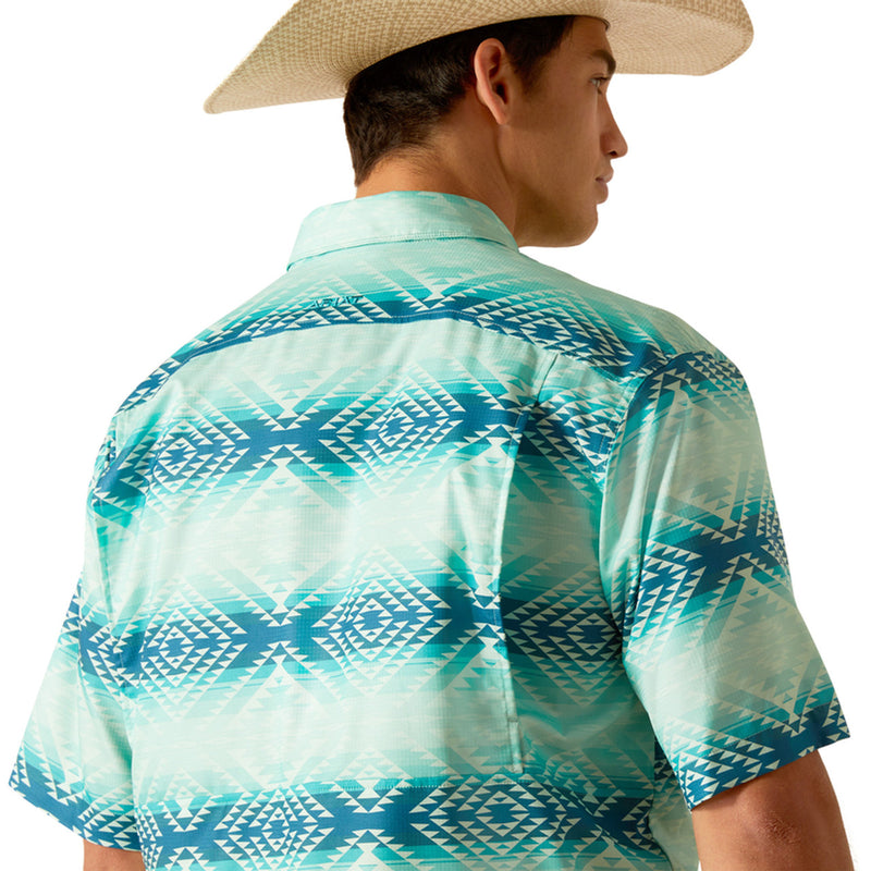 Men's Ariat short sleeve VentTek shirt in Bleached Aqua. This shirt has a geometric pattern. Rear view showing back mesh yoke. 