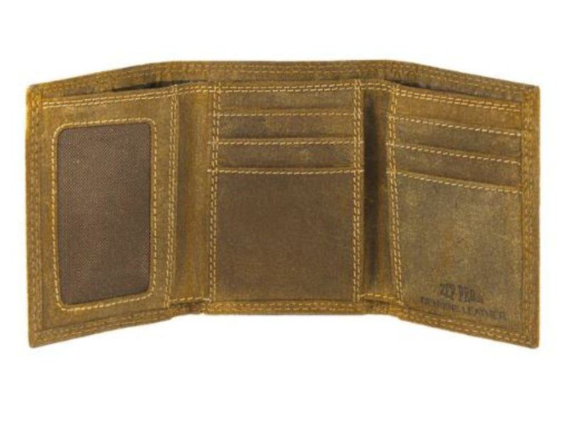 Inside view of Zep-Pro vintage tan lab concho tri-fold wallet. Features:
Vintage Tan leather
6 interior credit card slots
2 interior pockets
1 ID window 
2 bill/cash compartments